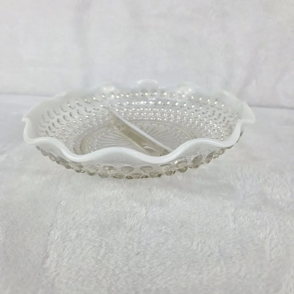Vintage Anchor Hocking Moonstone Opalescent Hobnail Glass Divided Relish Dish